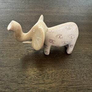 Vintage Hand Carved Soapstone Elephant Figurine Lucky Trunk Up Primitive Etched